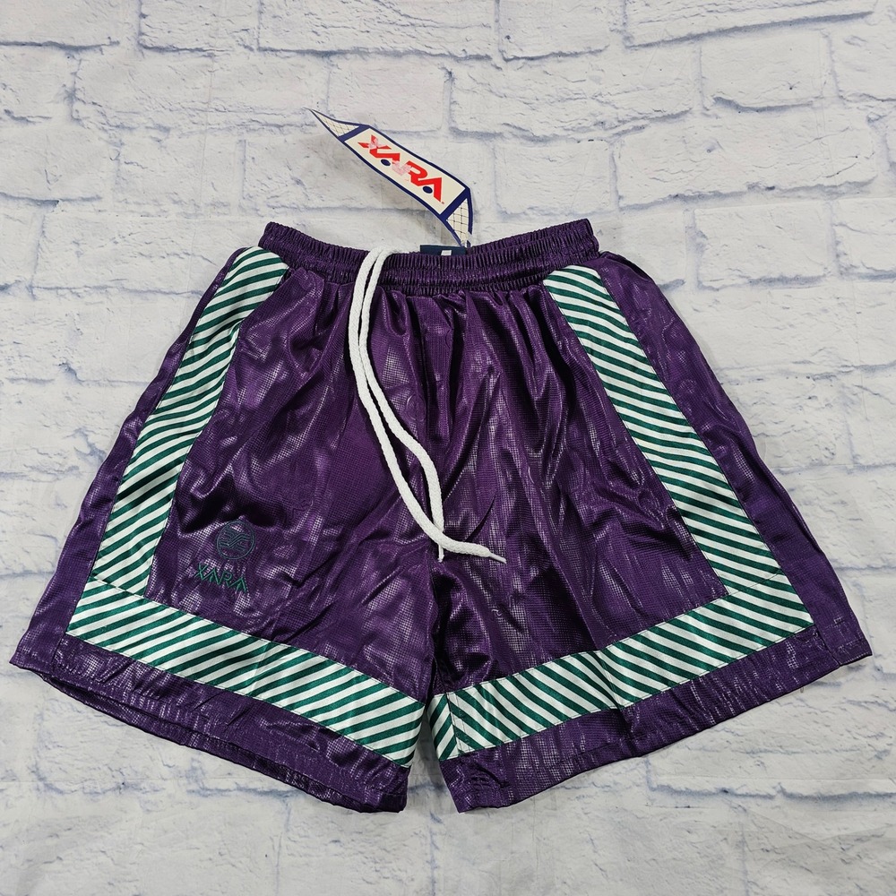 Xara Soccer Shorts YOUTH L Purple Striped Retro Athletic Shiny Vintage